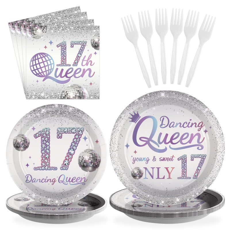 Grencian 96 Pcs Dancing Queen 17th Birthday Party Supplies Dancing Queen 17th Paper Plates and Napkins Disposable Silver Disco Party Tableware Set for Girls 17 Year Old Birthday Decorations Serves 24 - Image 1